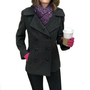 Macy's Style & Co. Pea Coat Sz S Double Breasted Hooded Dark Gray Pockets Lined